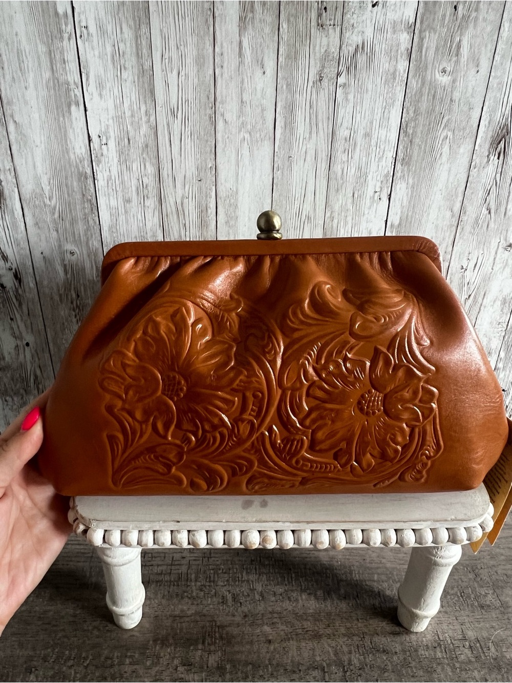 Patricia Nash Embossed Floral Kiss-Lock Clutch - Cognac Brown NEW